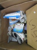 Box of approx 20x various items including: hardhat, various plugs, envelopes and more, all unchecked