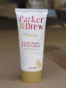 Box of approx 100x 30ml tubes of Parker and Dew luxury hand and body lotion, new