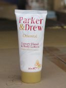 Box of approx 100x 30ml tubes of Parker and Dew luxury hand and body lotion, new