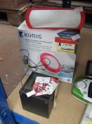 3x Items being; Konig floating speaker with Bluetooth, untested and boxed AMB portable speaker,