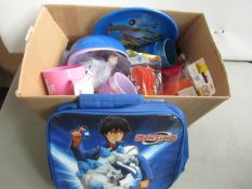 Box of approx 22 x various items being 3 x Disney Frozen figures , Monsuno lunch bag 6 x packs of