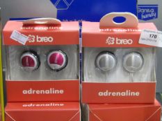 6 x Breo adrenaline earphones, new and packaged.