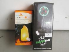 2 x items being a USB and LED clockfan with stand , and a coolflame light , both boxed.