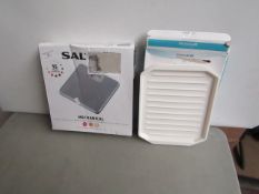 2 x items being a kitchencraft 2 pc microwave bacon rack and a Salter personal scale , both boxed.