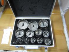 12 Piece hole saw set in metal carry case, complete with its own arbour, new.