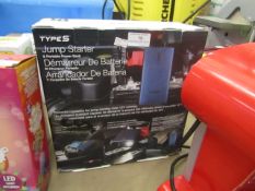 Types jump starter and portable power bank , boxed.