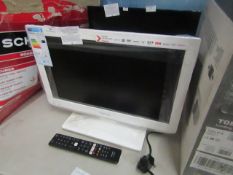 white Toshiba 19" TV with stand and remote (19DL834B) , tested working and boxed.