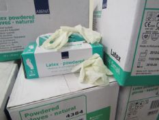 Box of 10 x packs of 100 x latex powdered gloves, natural, size: small, new