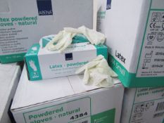 Box of 10 x packs of 100x latex powdered gloves, natural, size: small, new