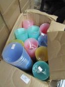 Box of 10 sets of 13 and some sets of 6 plastic cups , packaged.