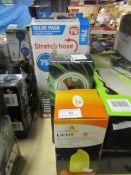 3 x items being a USB and LED clockfan with stand ,  a coolflame light and a 75ft stretch hose ,