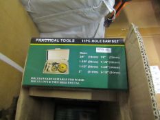 Practical Tools 11 piece hole saw set, new and in case.