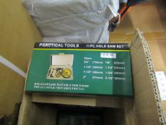 Practical Tools 11 piece hole saw set, new and in case.
