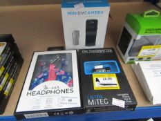 3x Items being; Listen MiTec FM transmitter, untested and boxed In-ear earphones, untested and boxed