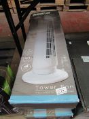 2x Daewoo pedestal tower fans, both unchecked and boxed