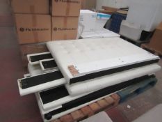 Pallet of Cream Bed pieces, at least 3 head boards, unsure how many sides footboards etc