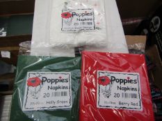 4x Boxes each containing 30x packs of 20x 2ply poppies napkins 33 x 33cm. All new & boxed.