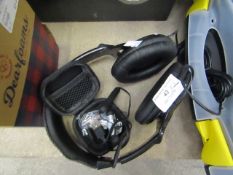 2 x items being Akai earphones in case and a black pare of headphones , both untested.