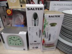 3 x items being a Acctim sensa light 3 alarm clock ,  Salter double coil whisk milk frother and a