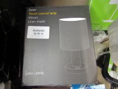 Slater touch control lamp wood linen shade , untested and boxed.