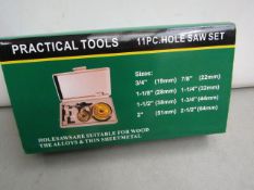 Practical Tools 11 piece hole saw set, new and in case.