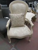 Ornate wood and faric high back chair