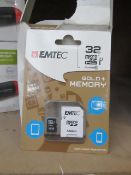 EM Tec 32GB Gold+ SD card with adaptor, new and packaged.