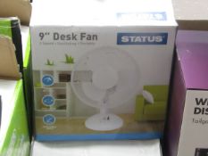 3x Status 9" desk fans, all untested and boxed.
