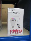 Icoco smart colourful LED wireless bulb speaker, both tested working and boxed.