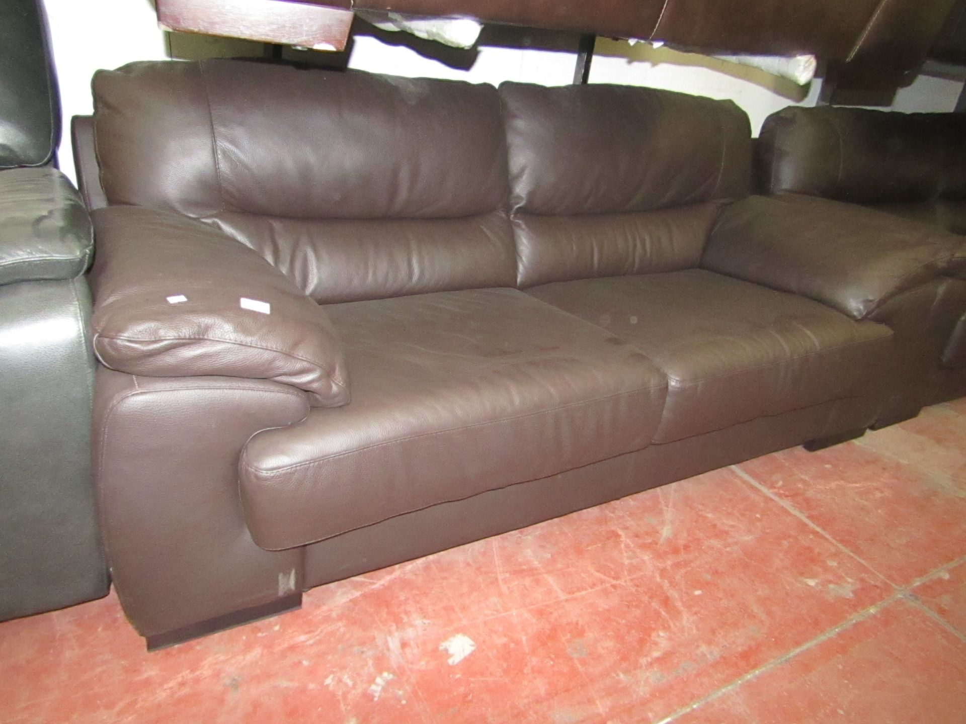 Costco Brown leather 3 seater 2 cushion sofa, no major visible damage