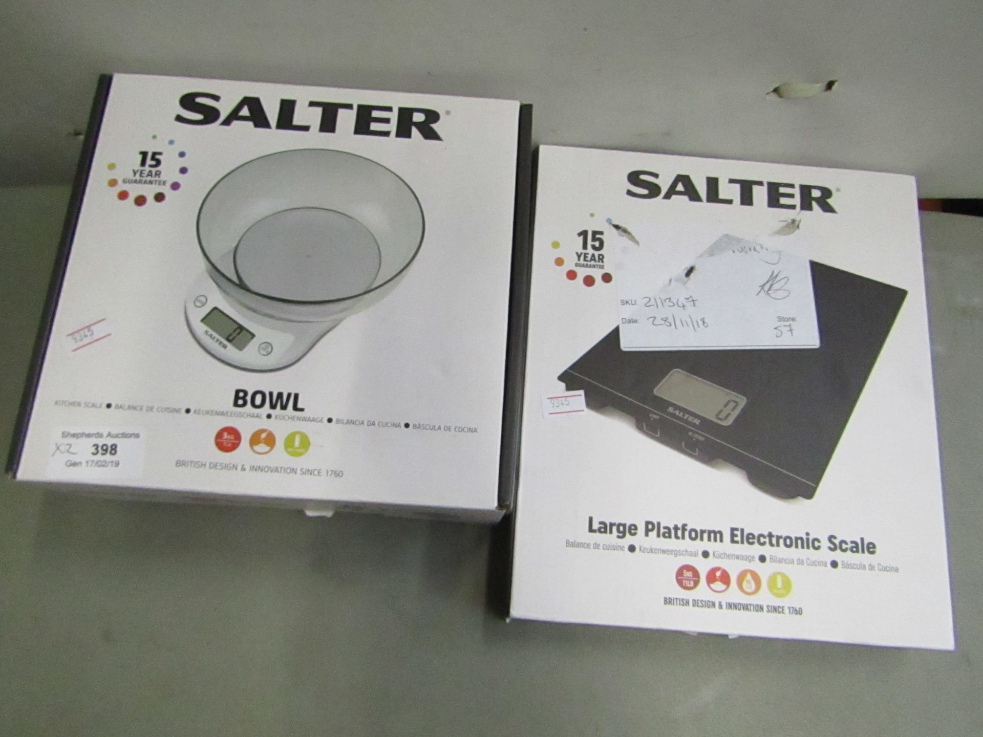 2 X Items being..Salter Bowl scales & Platform electronic scales both unchecked & boxed