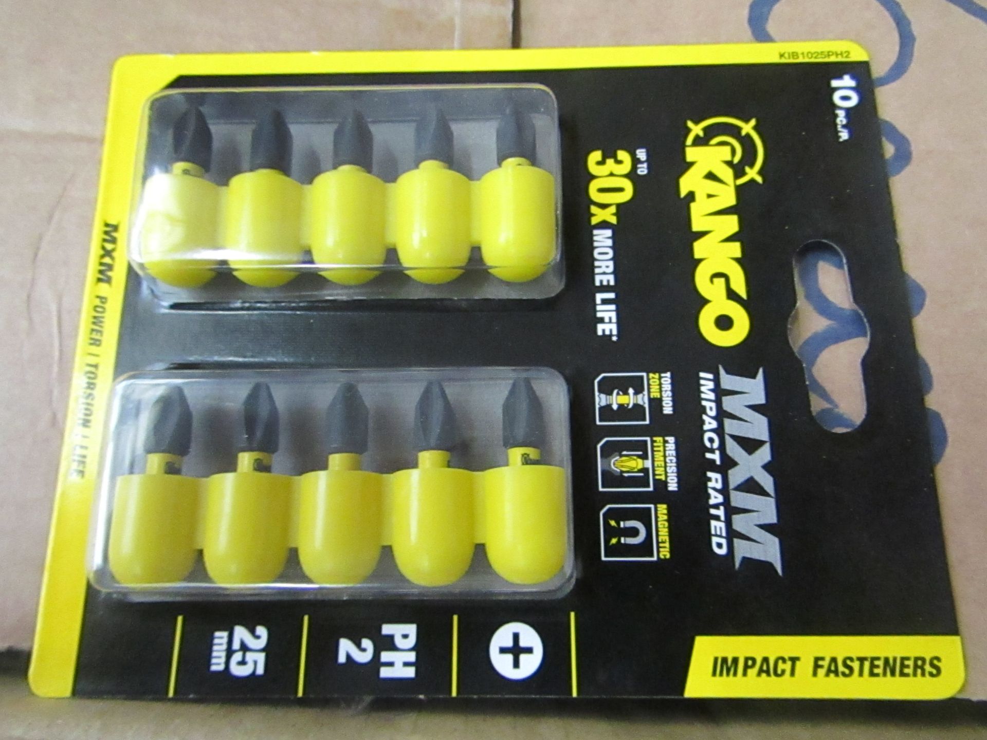 1 pack of Kango brand 25mm PH2 MXM screwdriving bits with yellow band , 10 pcs , new and packaged.