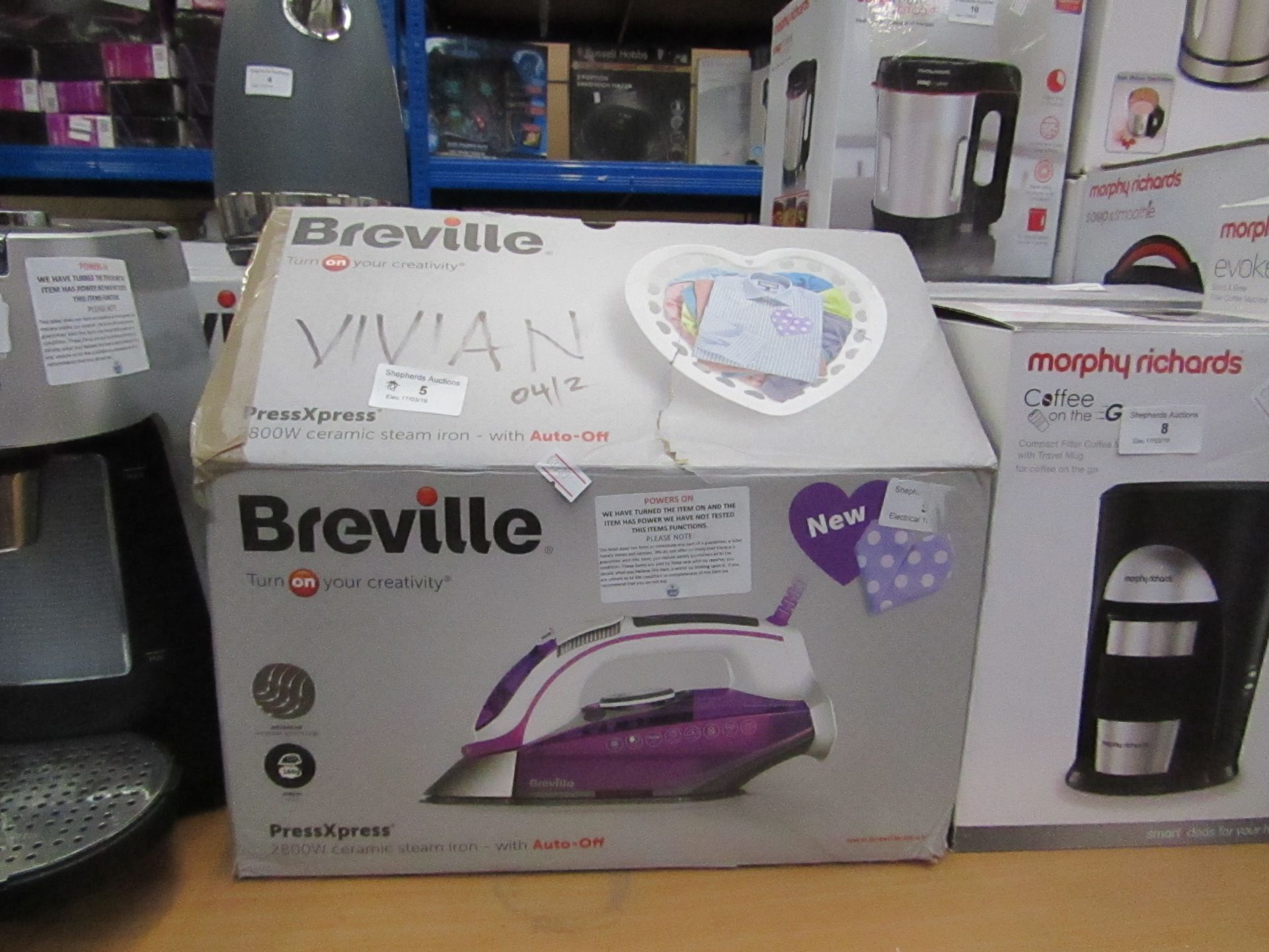 breville press xpress 2800w ceramic steam iron with auto-off boxed powers on