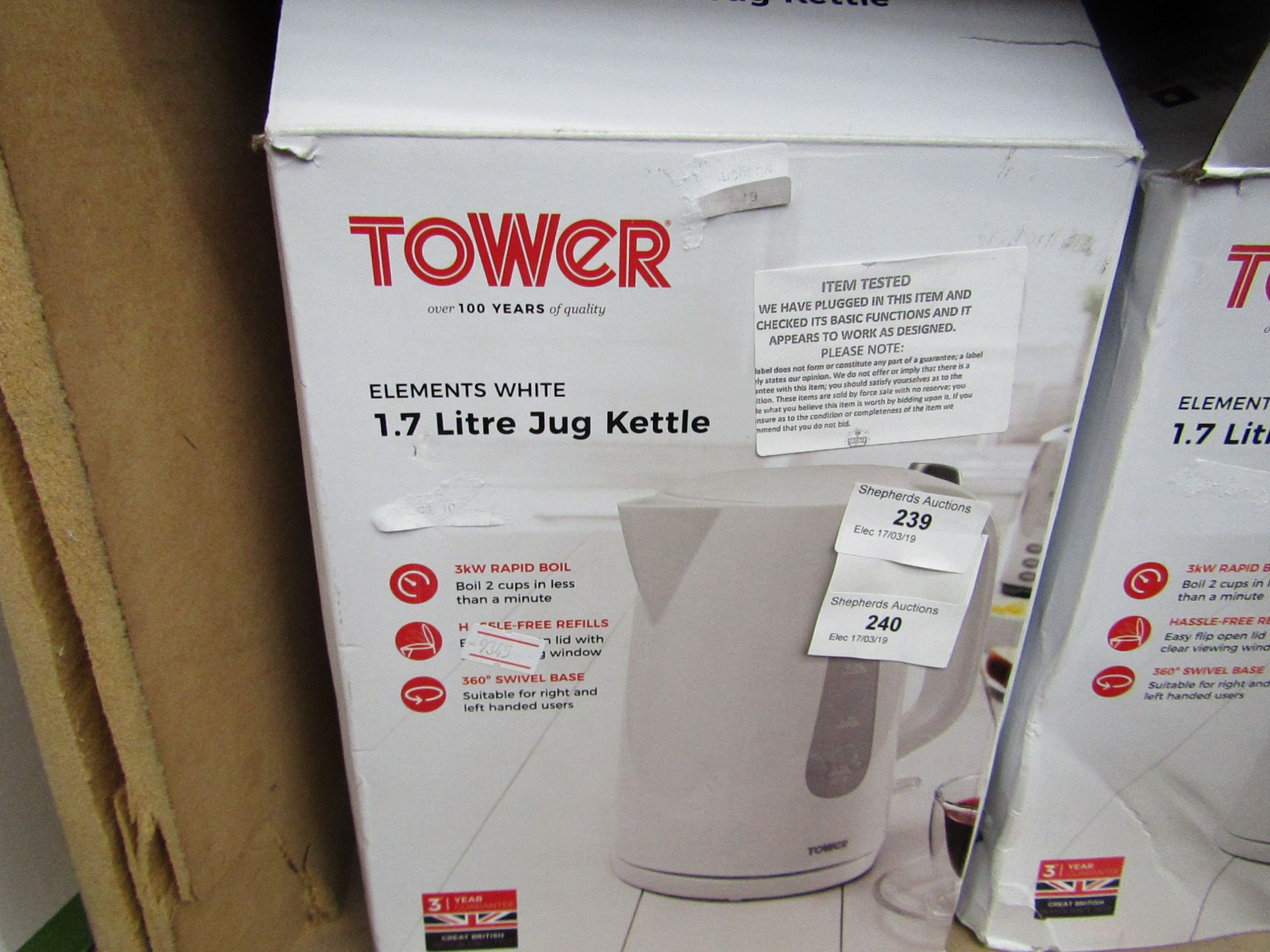 Tower 1.7ltr jug kettle, tested working and boxed