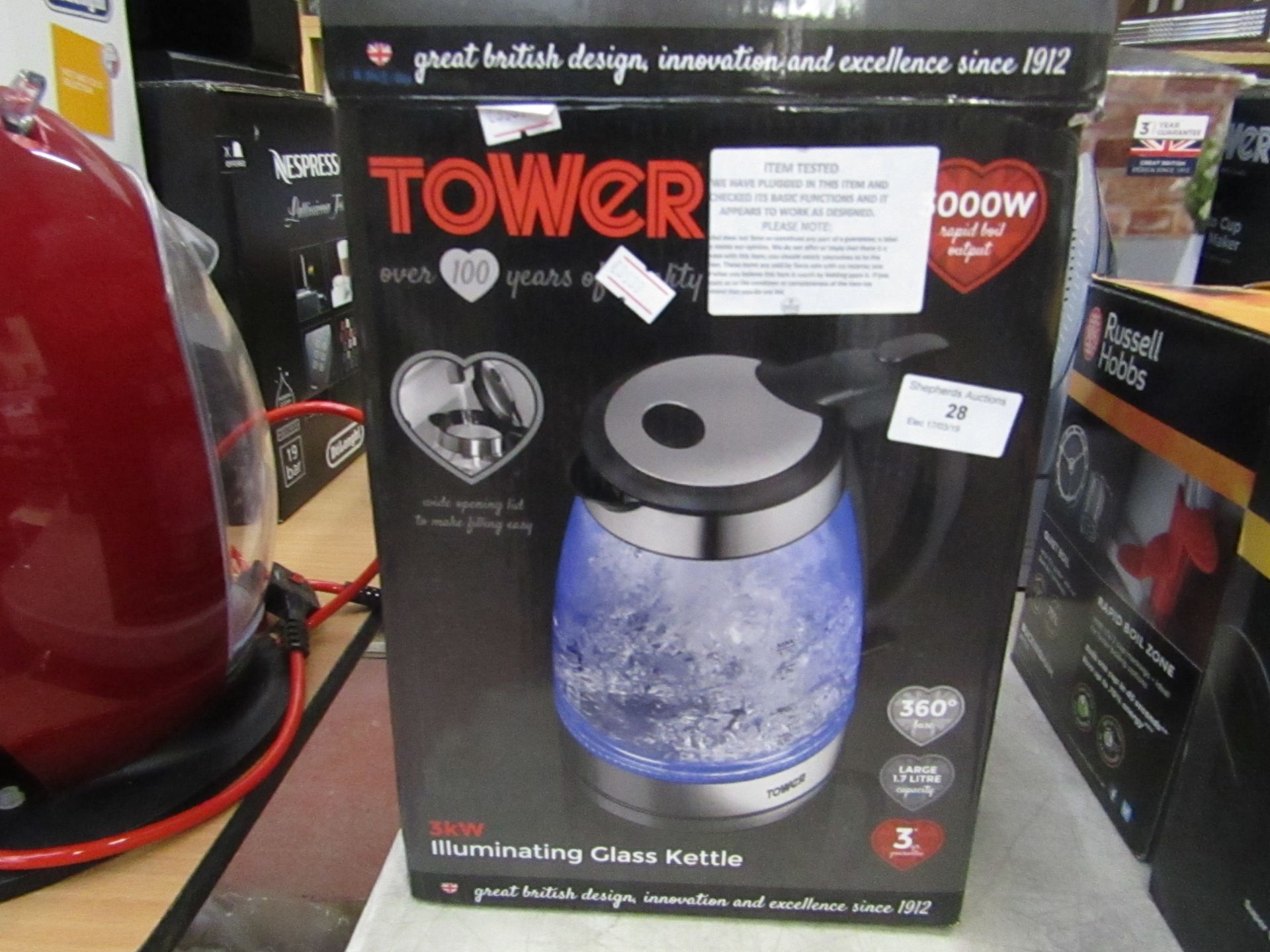 Tower glass kettle, tested working and boxed