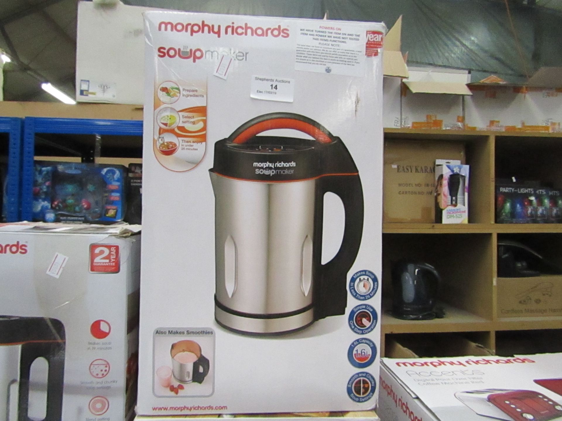 Morphy Richards soup maker and also makes smoothies powers on and boxed