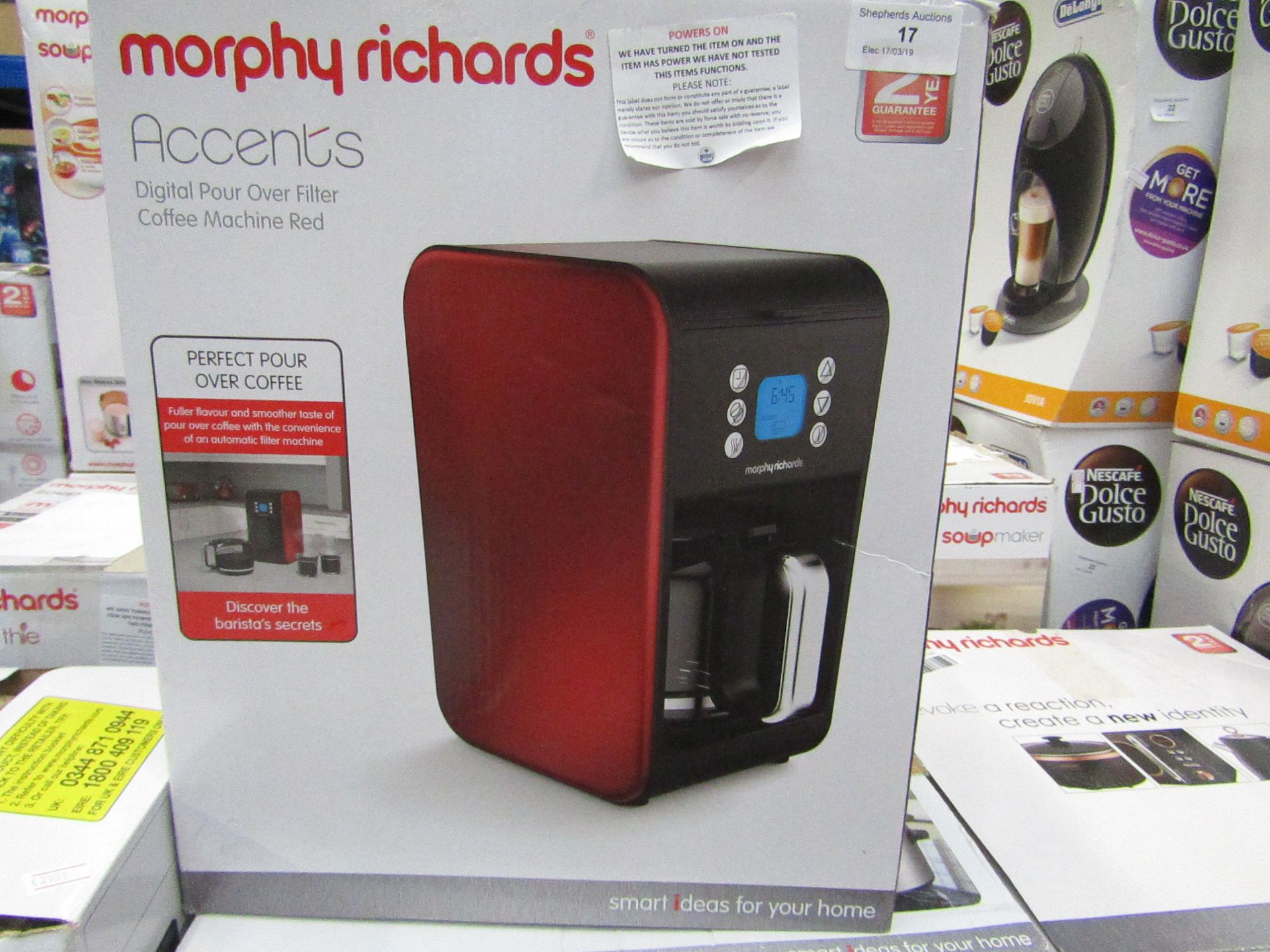 Morphy Richards digital coffee machine, powers on and boxed