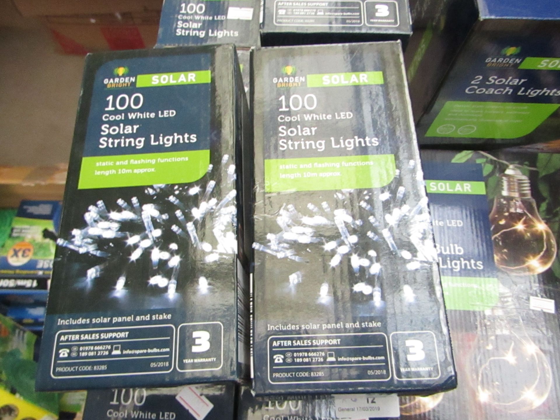 x8 100 Cool White LED Solar string Lights, Approx 10M each. Boxed