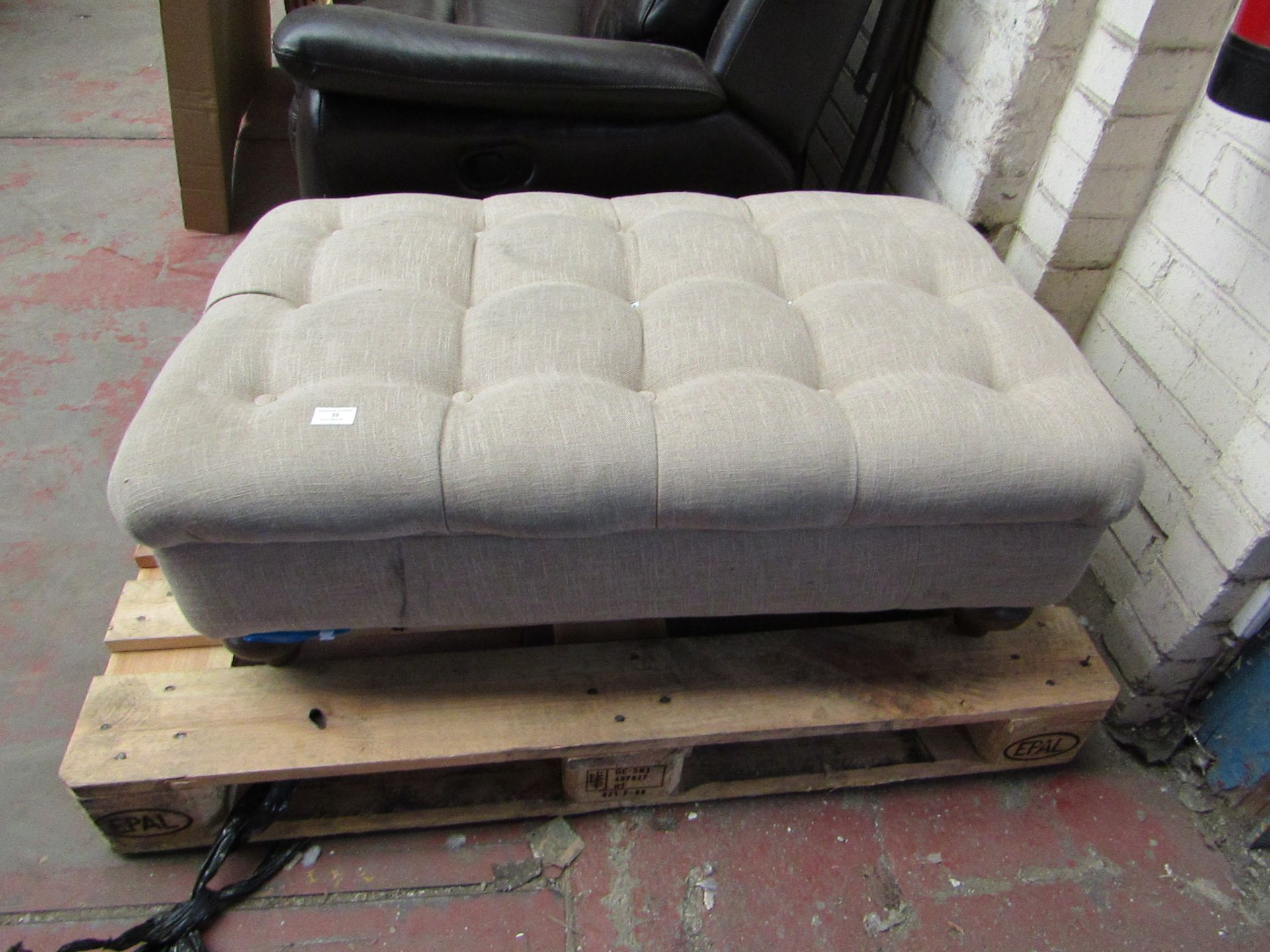 Button topped fabric footstool, missing the top of a few buttons