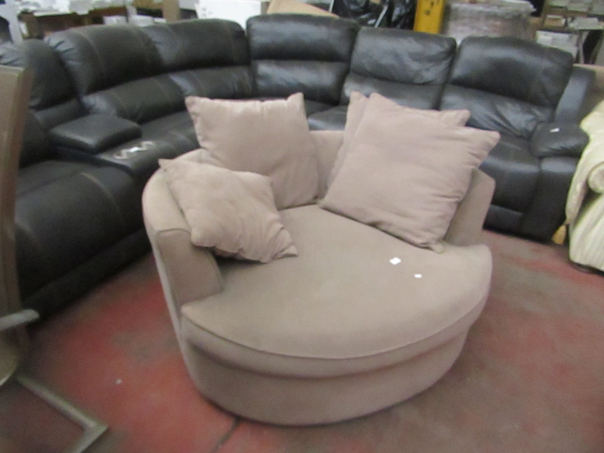 Costco round beige coloured snuggler chair with cushions, no major damage.