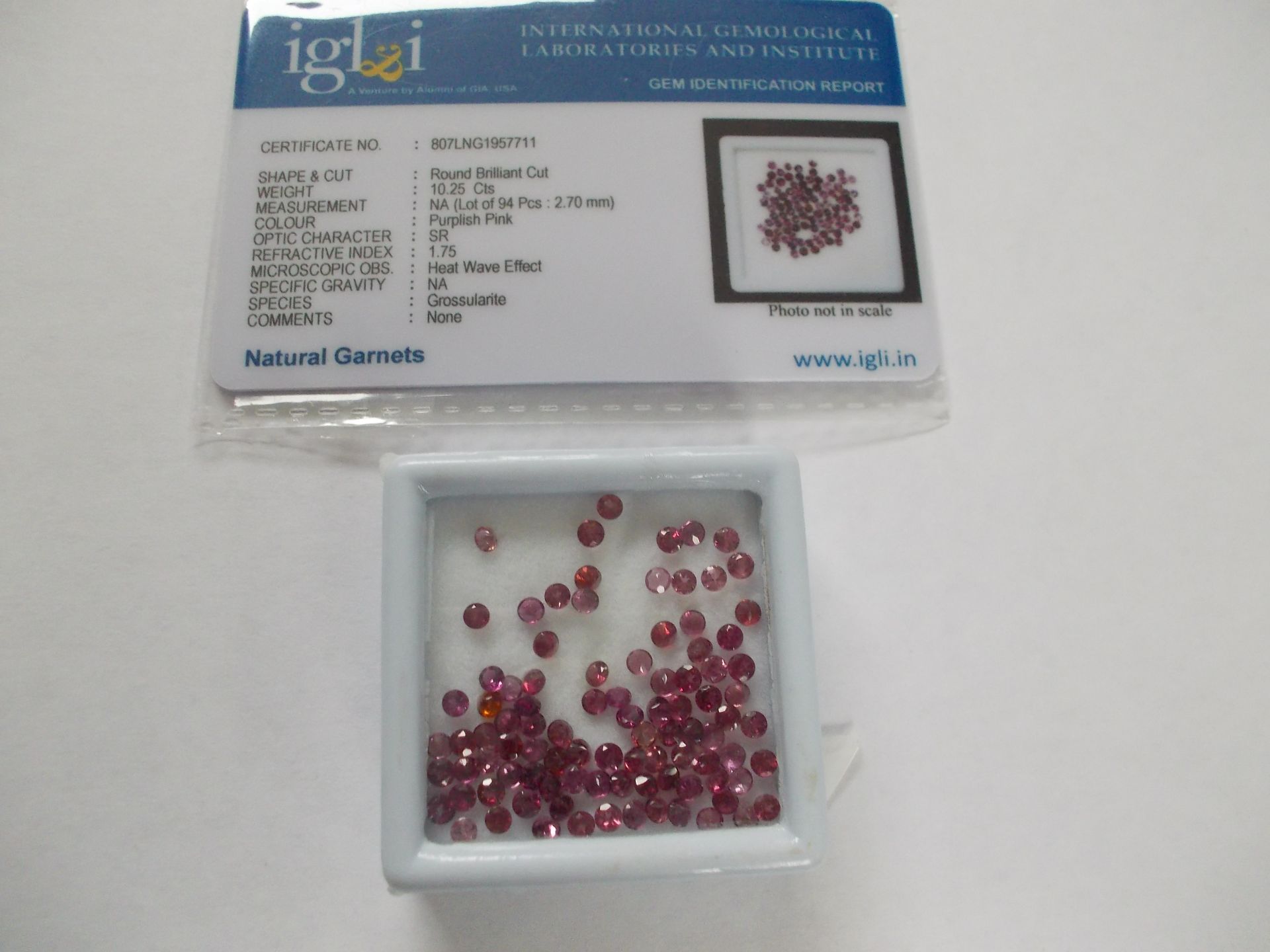 IGL&I Certified 10.25 carat 94 pieces Grossularite Garnet Gemstones.  Colour Purplish Pink: A