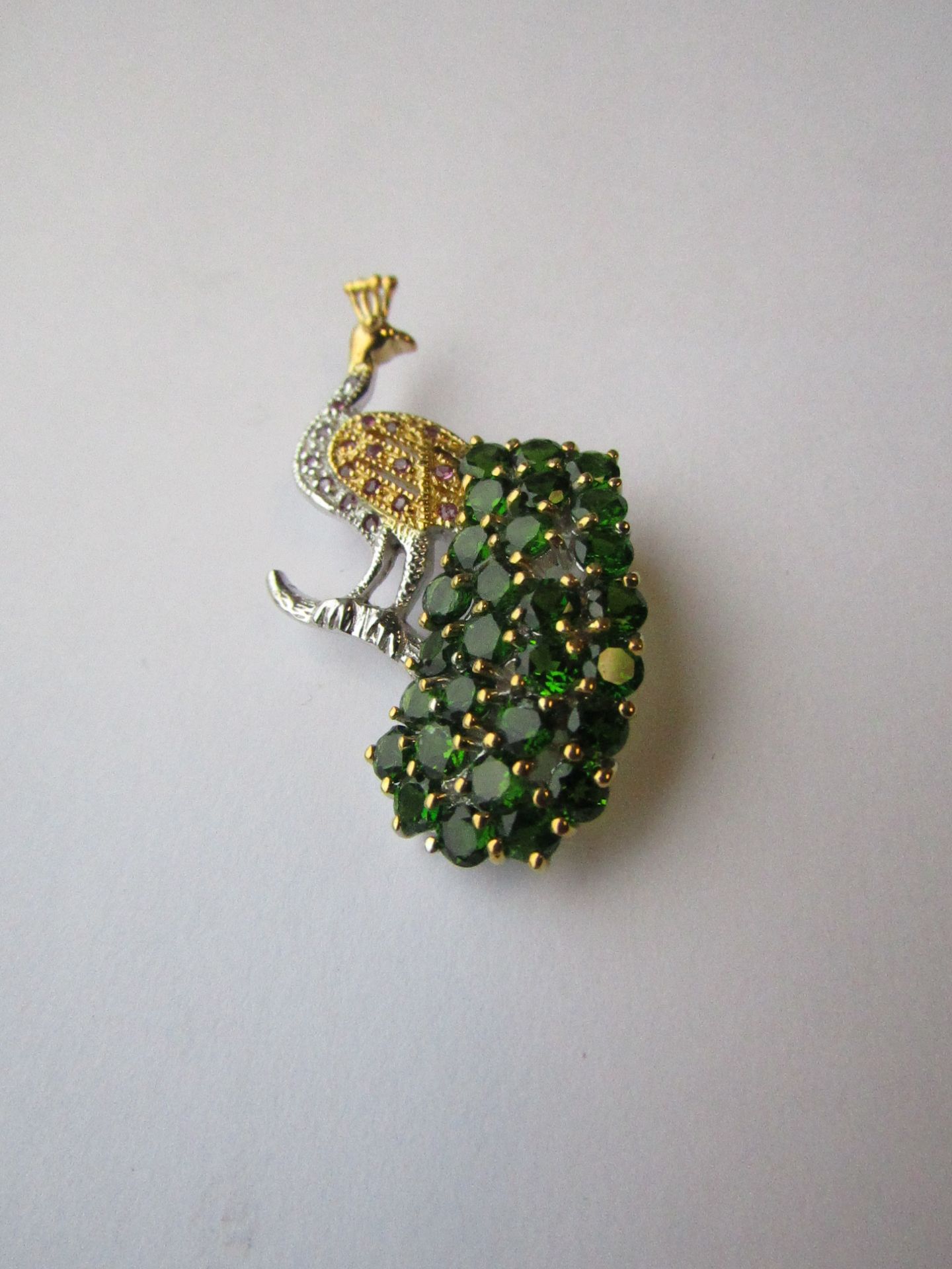 ALLURING 3MM TOP RICH GREEN CHROME DIOPSIDE GARNET 925 SILVER PEACOCK BROOCH  RRP £650 STERLING