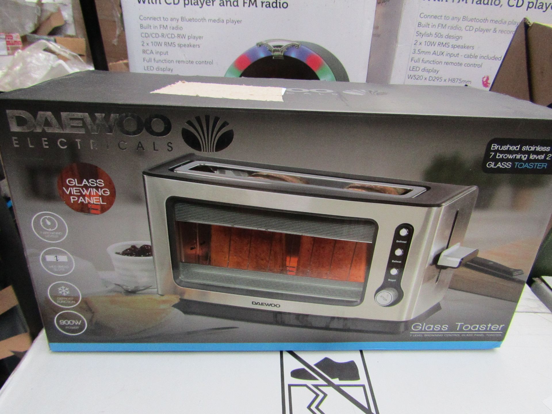 Daewoo glass toaster, boxed