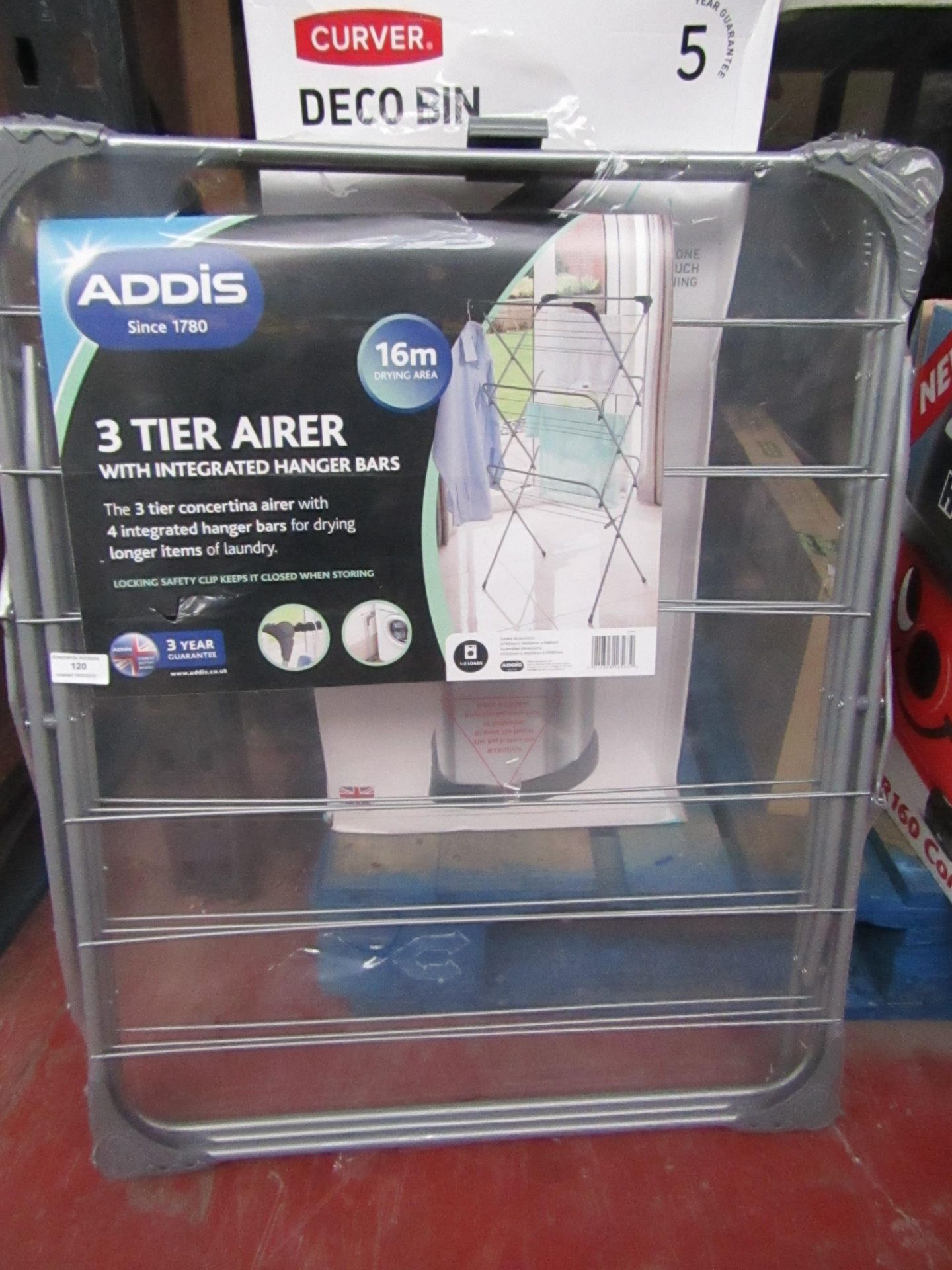 Addis 3 tier airer with intergrated hanger bars, packaged.