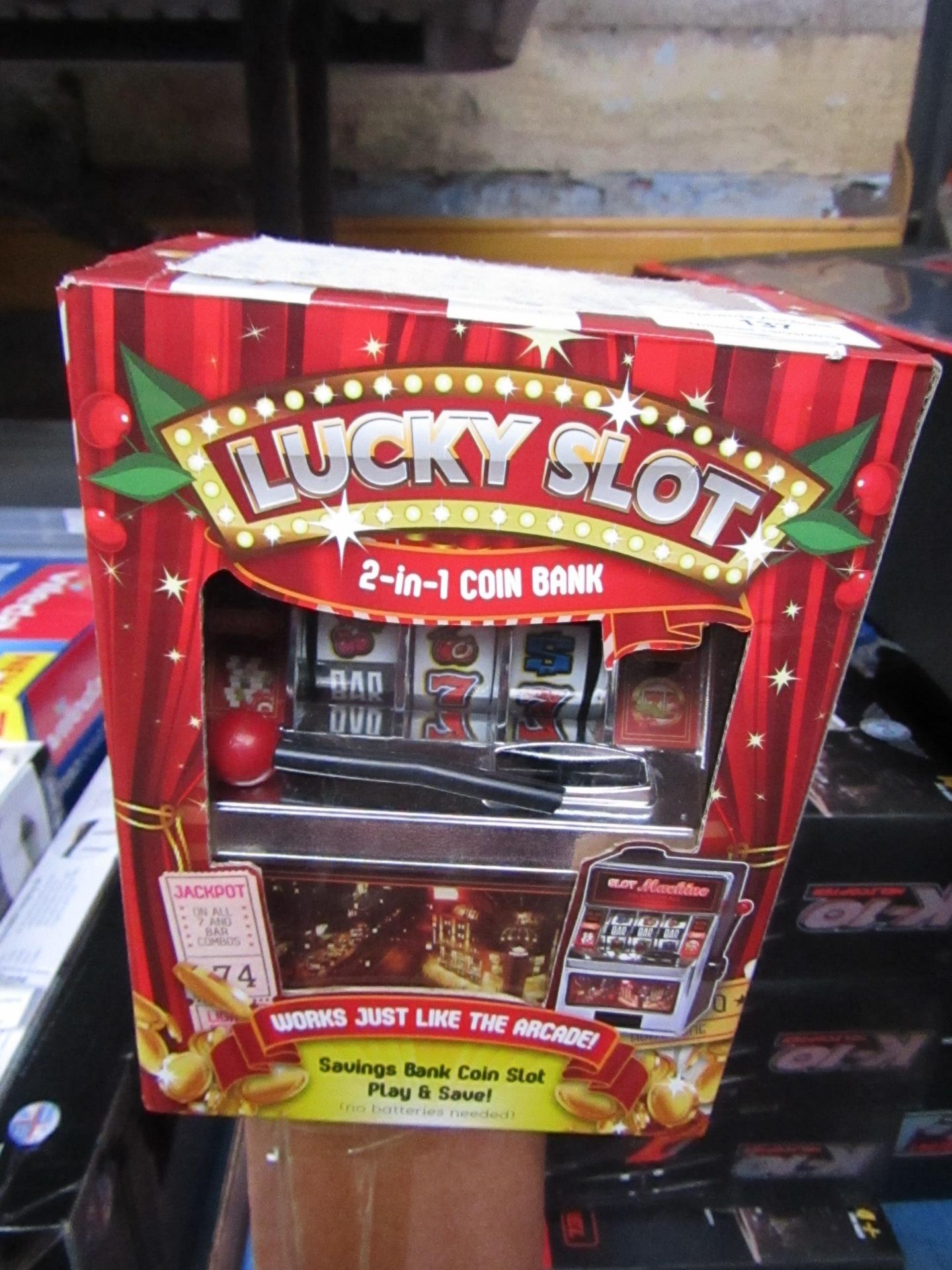 Lucky Slot 2 in1 coin bank, boxed.