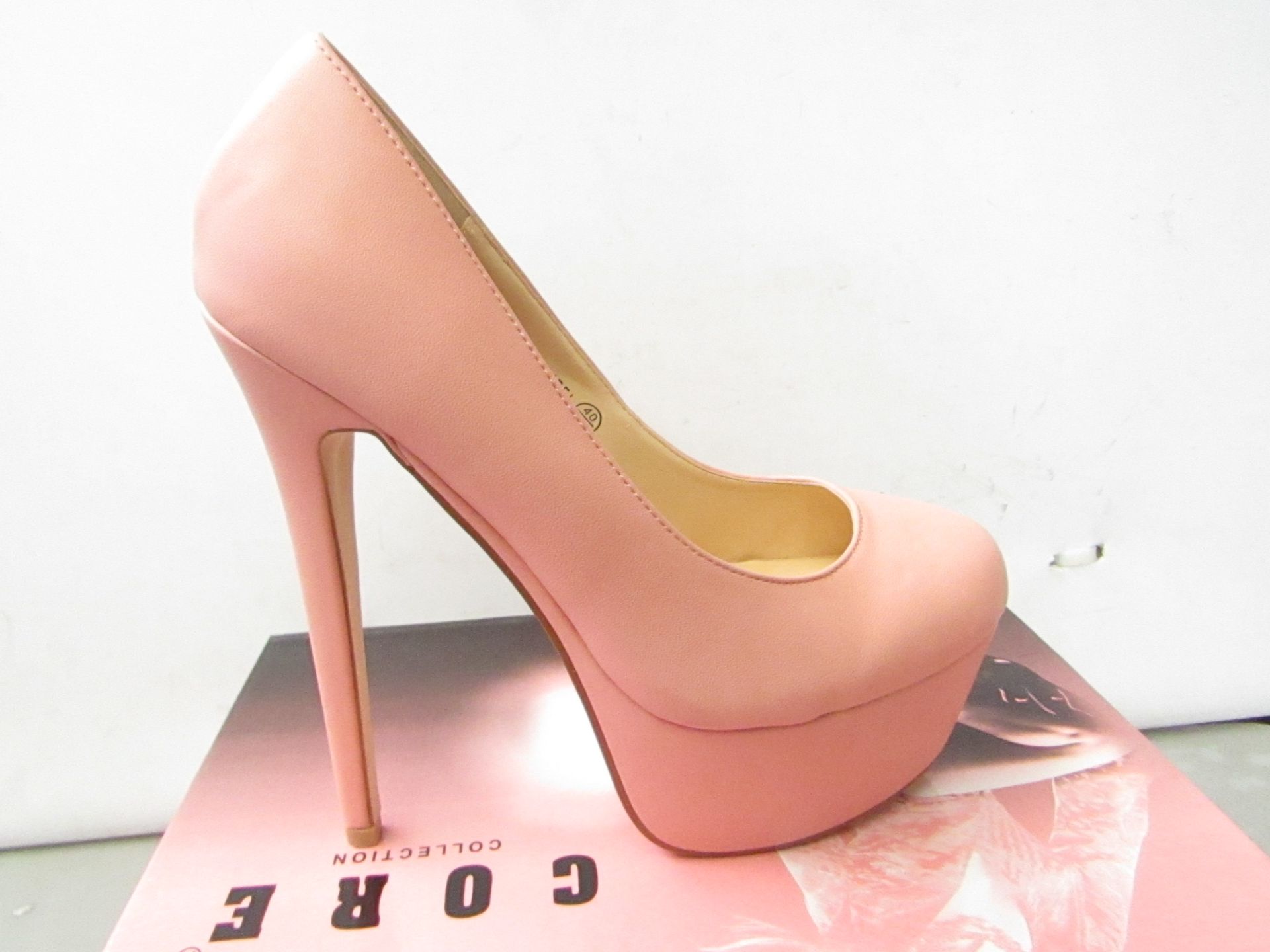 Core Collection Raizel Coral coloured leather styled shoe with approx 6" heel size 7 new & boxed