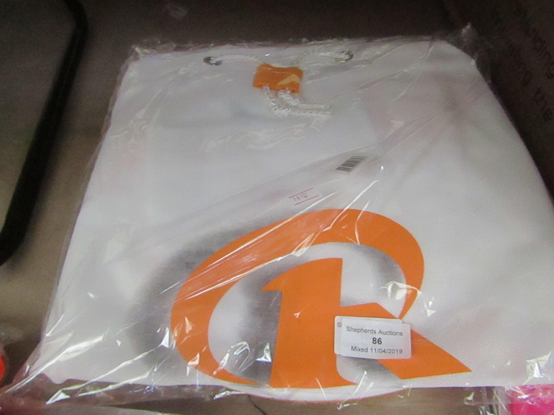 White and orange bag, new and packaged.