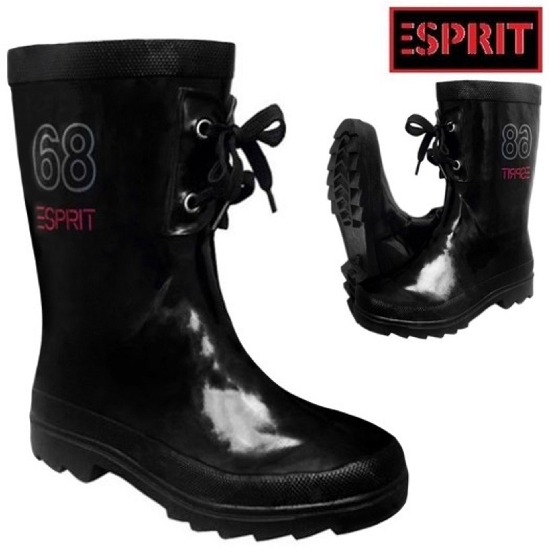 ESPIRIT SHORT WIDE FIT EASY ON DESIGNER WELLIES BLACK WITH LACE AT FRONT (EU 38) Size UK 5