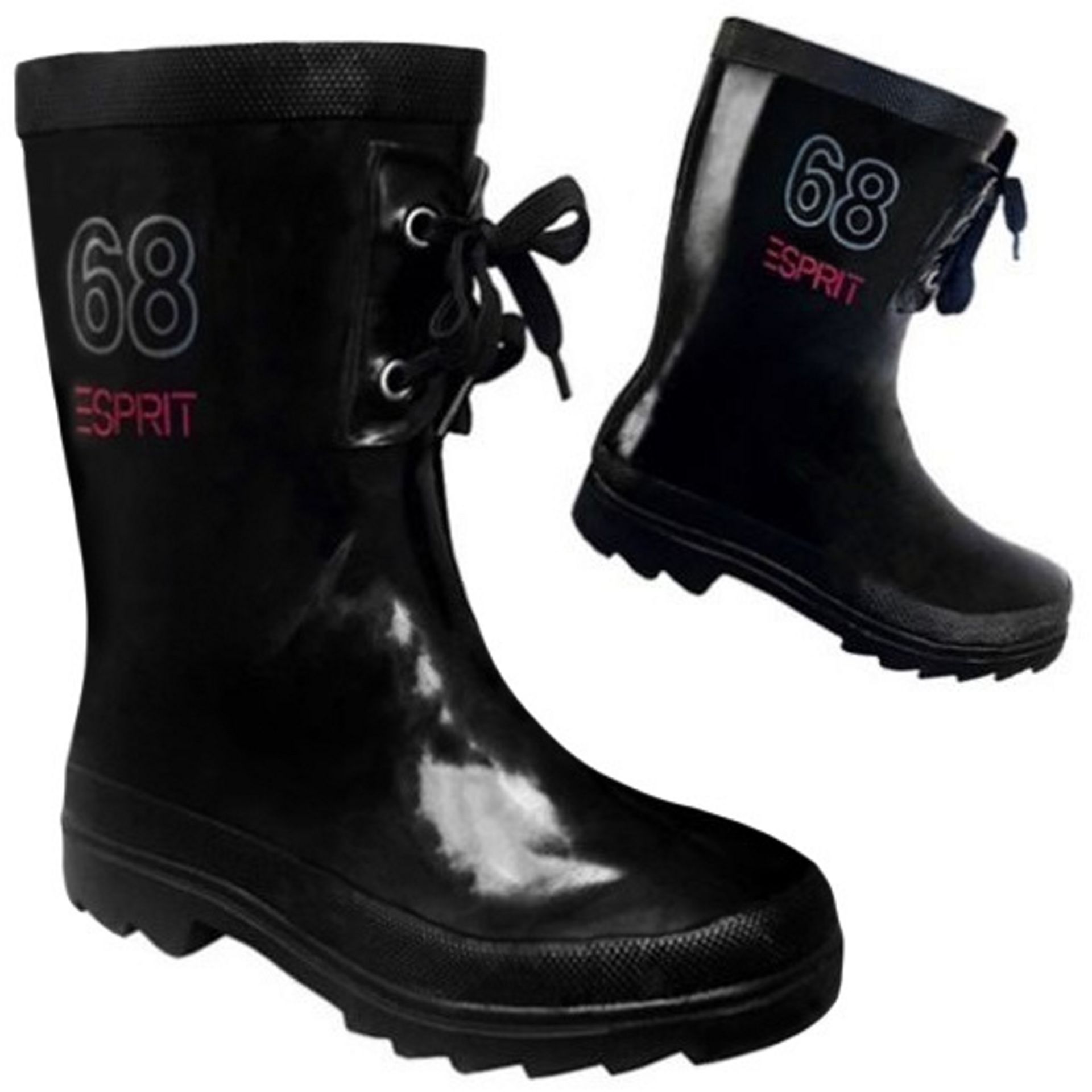 ESPIRIT SHORT WIDE FIT EASY ON DESIGNER WELLIES BLACK WITH LACE AT FRONT (EU 39) Size UK 6