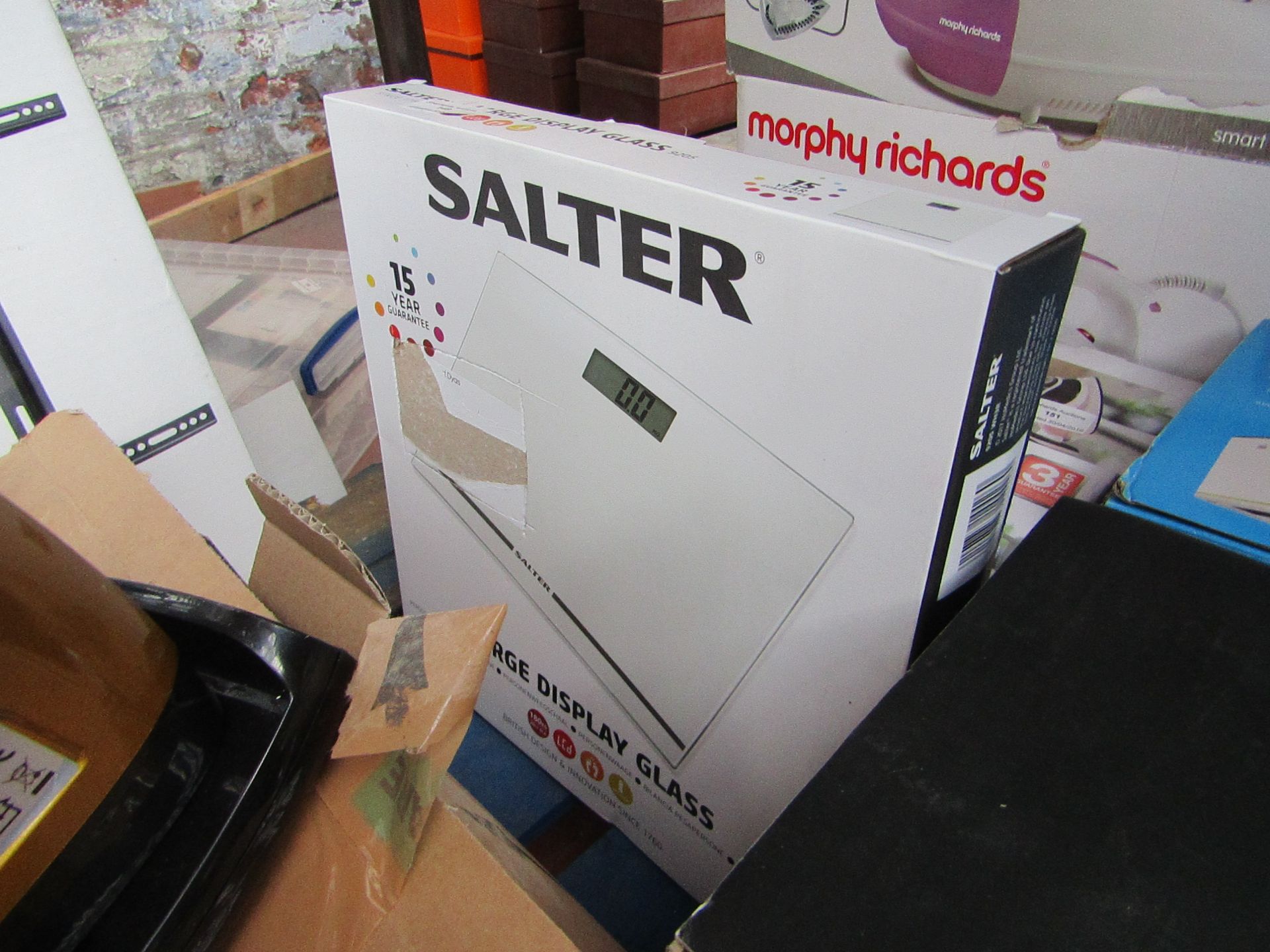 Salter large display glass scales, untested and boxed.
